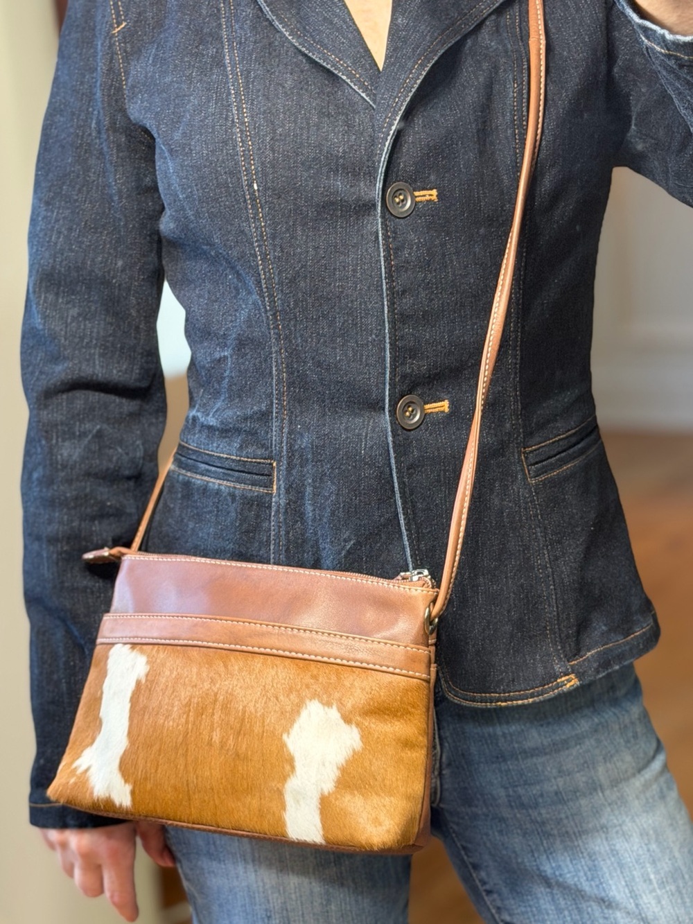 ili Old Money Western Brown/Tan Calf Hair Leather Crossbody Bag (VGUC)